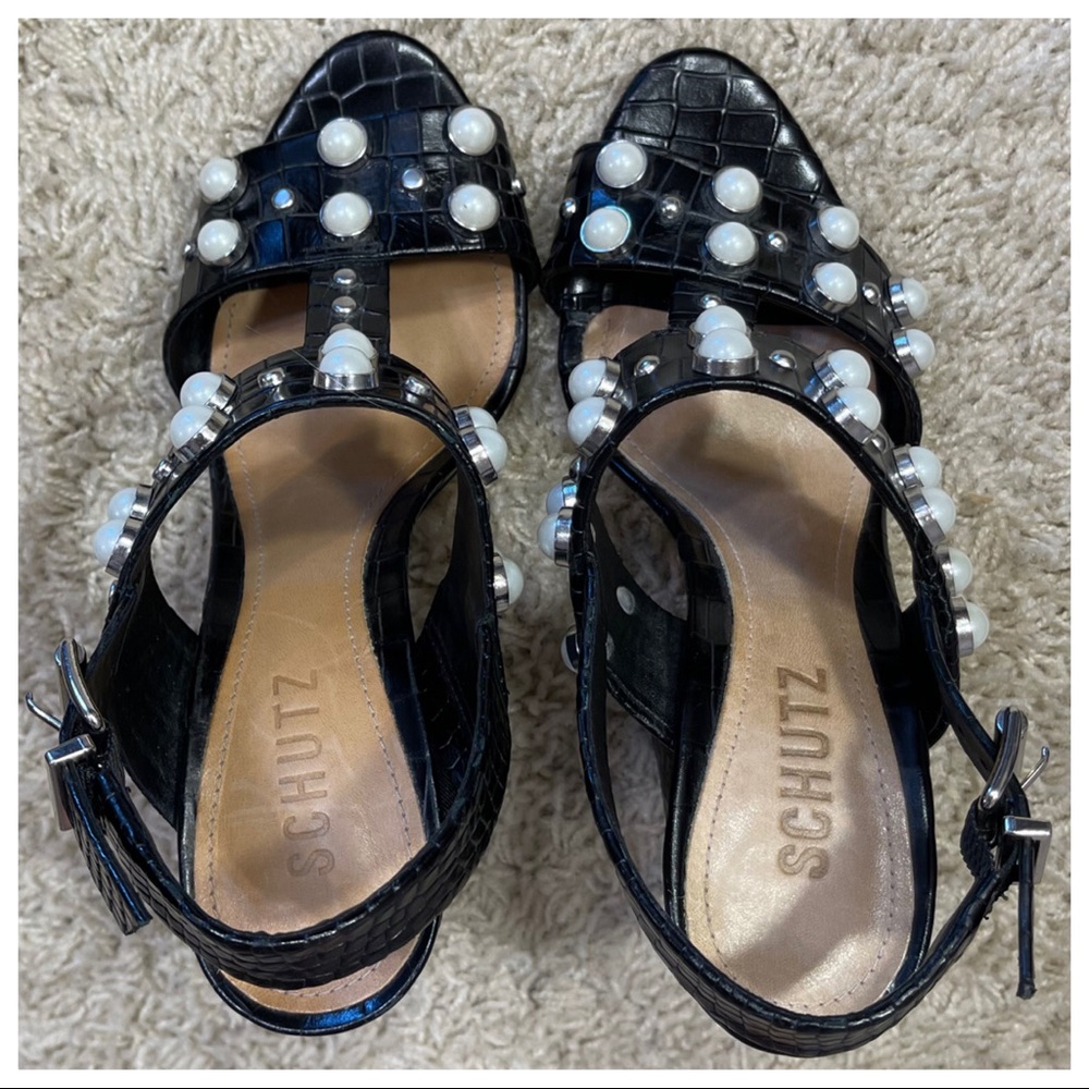 Schutz Zarita Sandal Black Leather open Toe Pearl Pump (6) - Picture 11 of 13